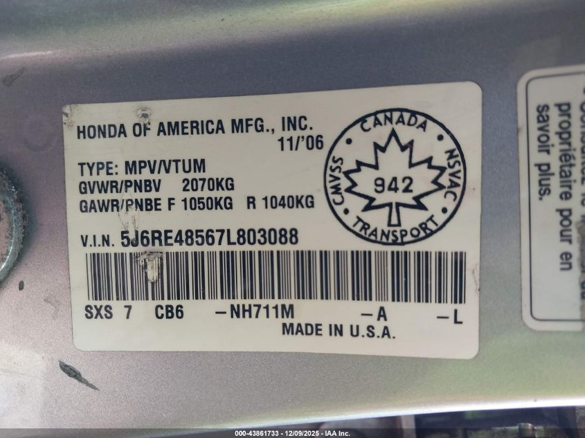 2007 Honda Cr-V Ex VIN: 5J6RE48567L803088 Lot: 43861733