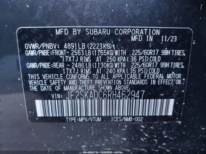 2024 Subaru Forester Premium VIN: JF2SKADC6RH462947 Lot: 43861738