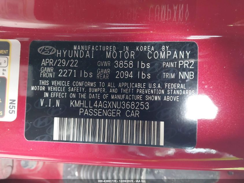 2022 Hyundai Elantra Se VIN: KMHLL4AGXNU368253 Lot: 43861739