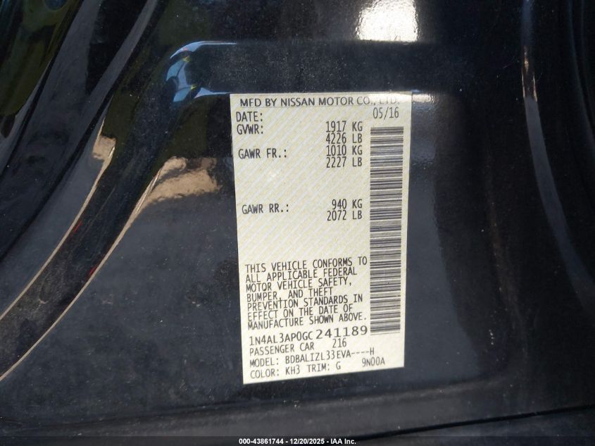 2016 Nissan Altima 2.5 Sv VIN: 1N4AL3AP0GC241189 Lot: 43861744