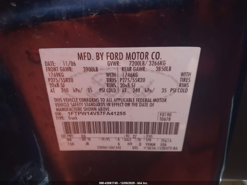 2007 Ford F-150 Fx4/Lariat/Xlt VIN: 1FTPW14V57FA41255 Lot: 43861749