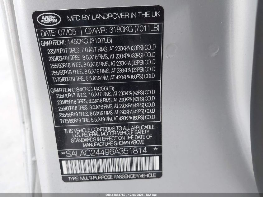 2006 Land Rover Lr3 V6 VIN: SALAC24496A351814 Lot: 43861750