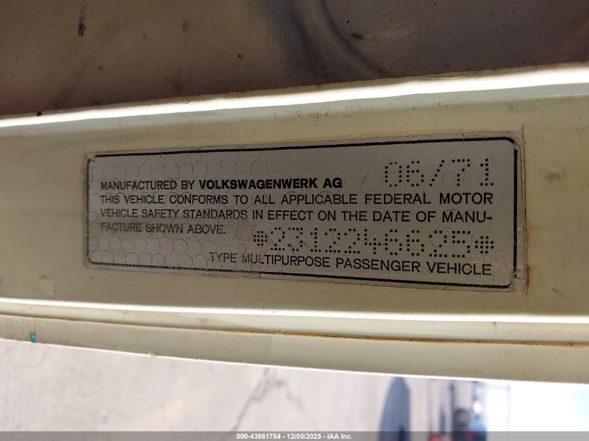 1971 Volkswagon Kombi Bus VIN: 00000002312246625 Lot: 43861754