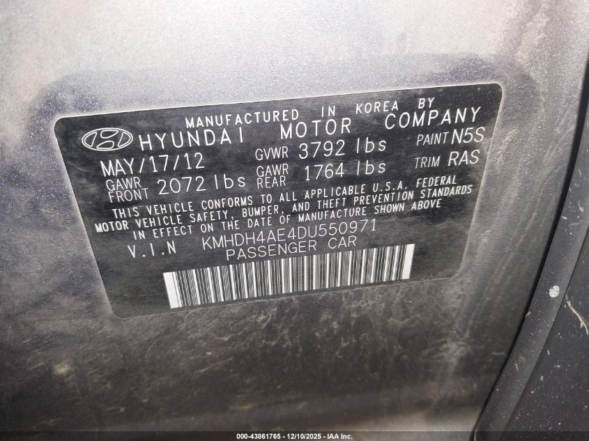 2013 Hyundai Elantra Gls/Limited VIN: KMHDH4AE4DU550971 Lot: 43861765