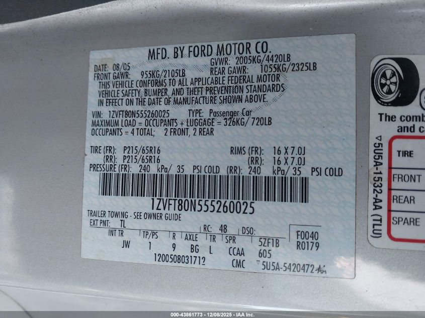 2005 Ford Mustang V6 Deluxe/V6 Premium VIN: 1ZVFT80N555260025 Lot: 43861773