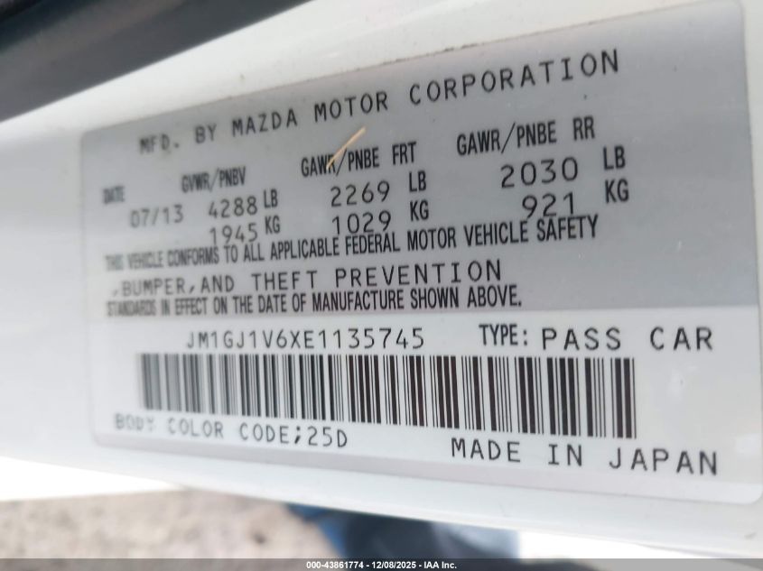 2014 Mazda Mazda6 I Touring VIN: JM1GJ1V6XE1135745 Lot: 43861774