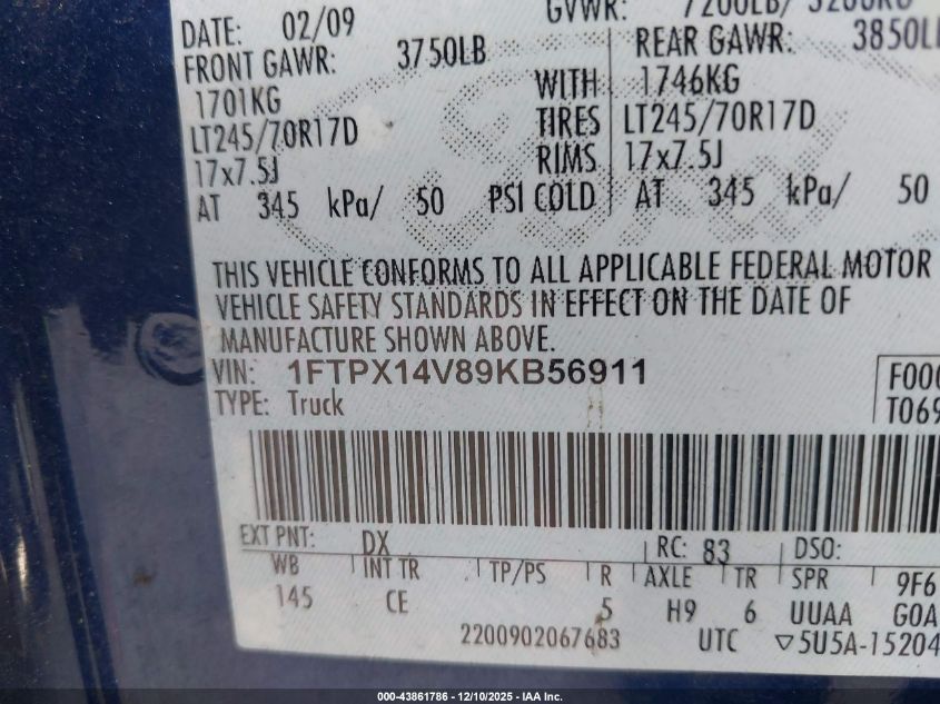 2009 Ford F-150 Fx4/Lariat/Xl/Xlt VIN: 1FTPX14V89KB56911 Lot: 43861786