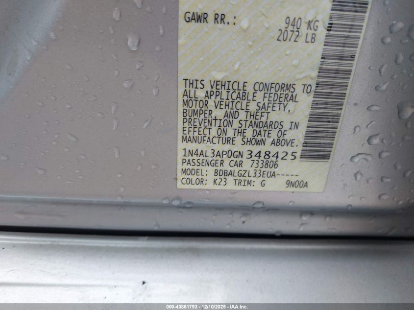 2016 Nissan Altima 2.5/2.5 S/2.5 Sl/2.5 Sr/2.5 Sv VIN: 1N4AL3AP0GN348425 Lot: 43861793