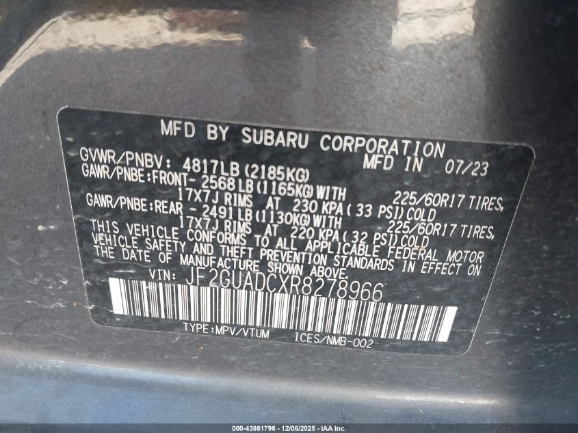 2024 Subaru Crosstrek Premium VIN: JF2GUADCXR8278966 Lot: 43861796