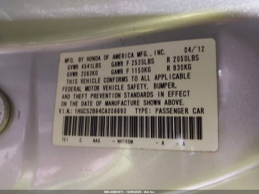 2012 Honda Accord 3.5 Ex-L VIN: 1HGCS2B84CA008690 Lot: 43861811