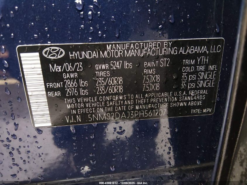 2023 Hyundai Santa Fe Sel VIN: 5NMS2DAJ3PH561207 Lot: 43861812
