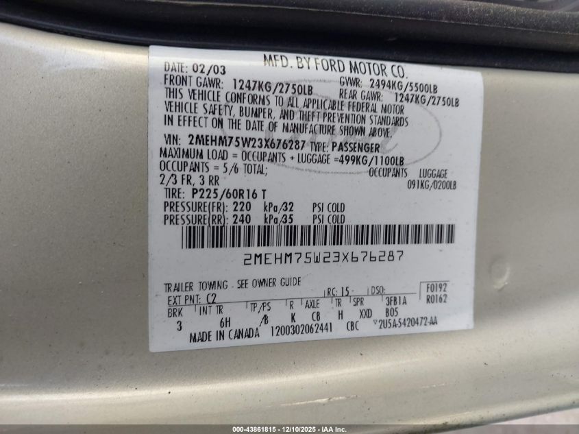 2003 Mercury Grand Marquis Ls VIN: 2MEHM75W23X676287 Lot: 43861815