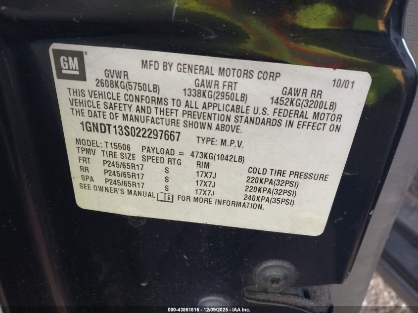 2002 Chevrolet Trailblazer Ltz VIN: 1GNDT13S022297667 Lot: 43861816