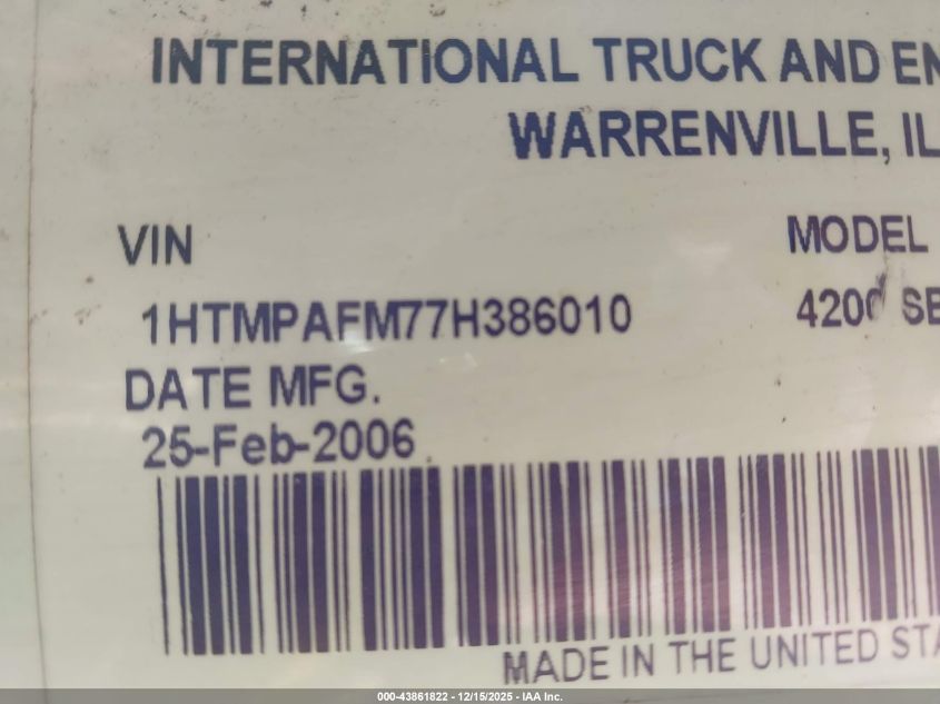 2007 International 4000 4200 VIN: 1HTMPAFM77H386010 Lot: 43861822