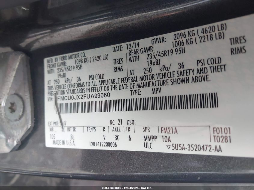 2015 Ford Escape Titanium VIN: 1FMCU0JX2FUA99060 Lot: 43861846