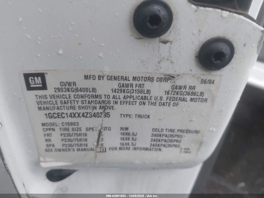 2004 Chevrolet Silverado 1500 Work Truck VIN: 1GCEC14XX4Z340395 Lot: 43861853