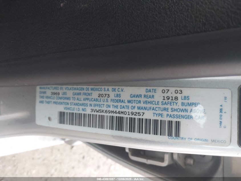 2004 Volkswagen Jetta Gls 2.0L VIN: 3VWSK69M44M019257 Lot: 43861857