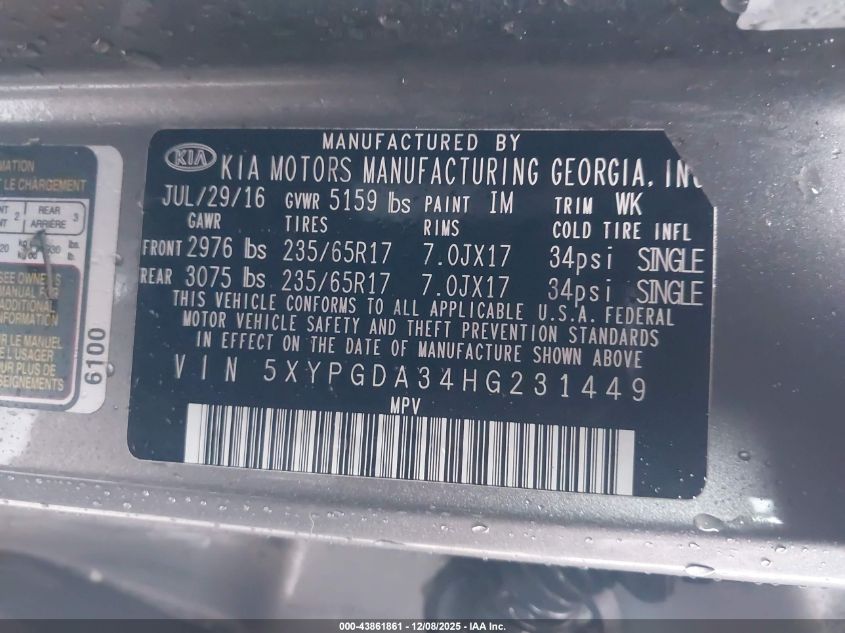2017 Kia Sorento 2.4L Lx VIN: 5XYPGDA34HG231449 Lot: 43861861