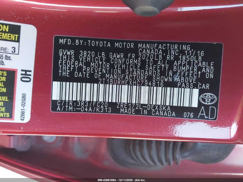 2017 Toyota Corolla Se VIN: 2T1BURHEXHC794816 Lot: 43861864