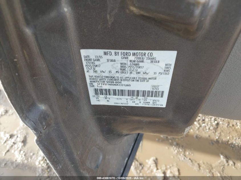 2006 Ford F-150 Fx4/Lariat/Xl/Xlt VIN: 1FTPX14506KC01285 Lot: 43861870