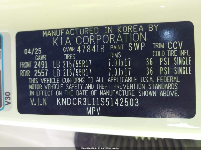 2025 Kia Niro Ev Wind VIN: KNDCR3L11S5142503 Lot: 43861888