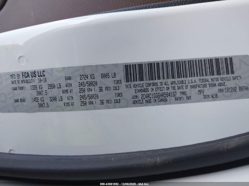 2017 Chrysler Pacifica Limited VIN: 2C4RC1GG6HR584137 Lot: 43861892