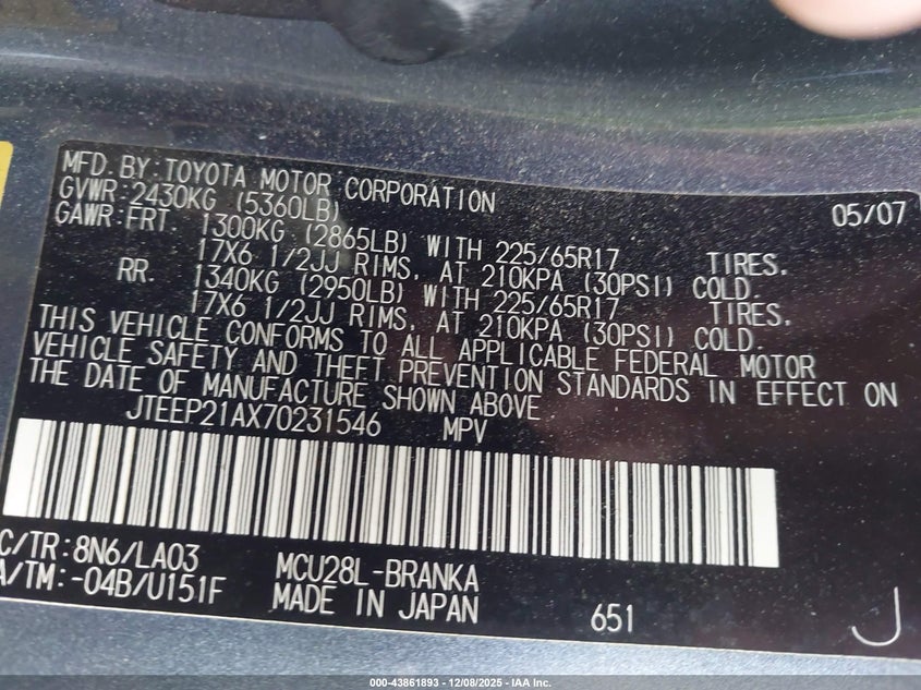 JTEEP21AX70231546 2007 TOYOTA HIGHLANDER photo no. 9