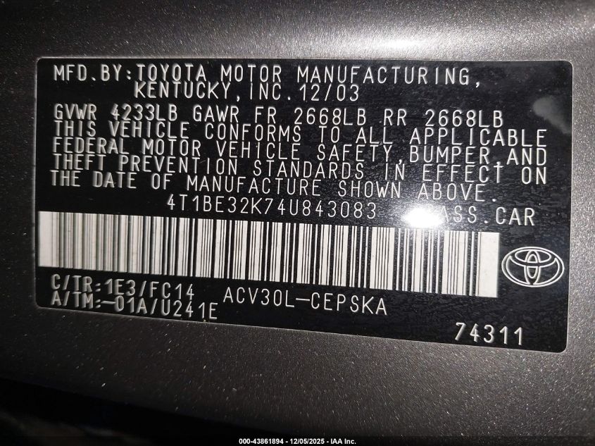 2004 Toyota Camry Se VIN: 4T1BE32K74U843083 Lot: 43861894