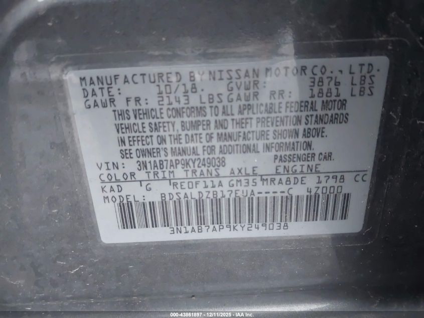 2019 Nissan Sentra Sv VIN: 3N1AB7AP9KY249038 Lot: 43861897