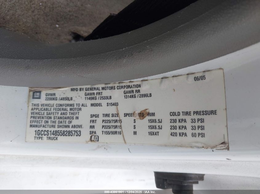 2005 Chevrolet Colorado VIN: 1GCCS148558285753 Lot: 43861901