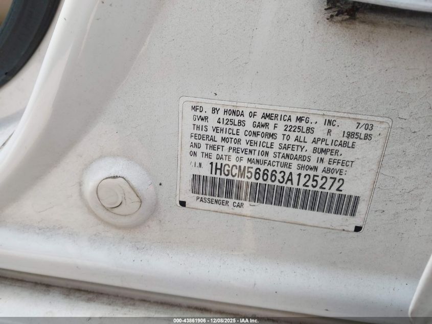 2003 Honda Accord 2.4 Ex VIN: 1HGCM56663A125272 Lot: 43861906