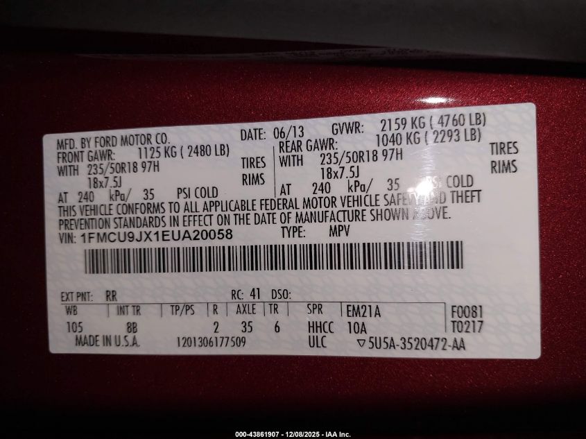 2014 Ford Escape Titanium VIN: 1FMCU9JX1EUA20058 Lot: 43861907