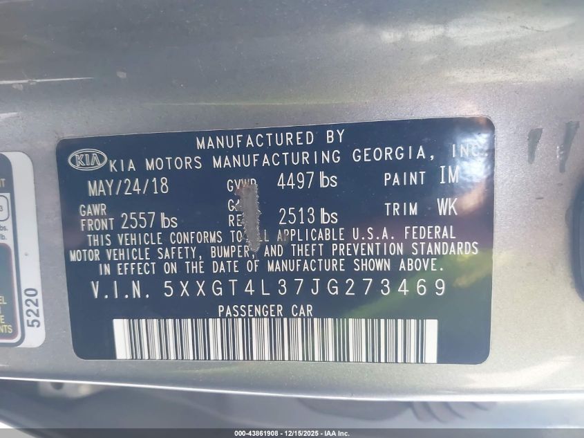 2018 Kia Optima Lx VIN: 5XXGT4L37JG273469 Lot: 43861908