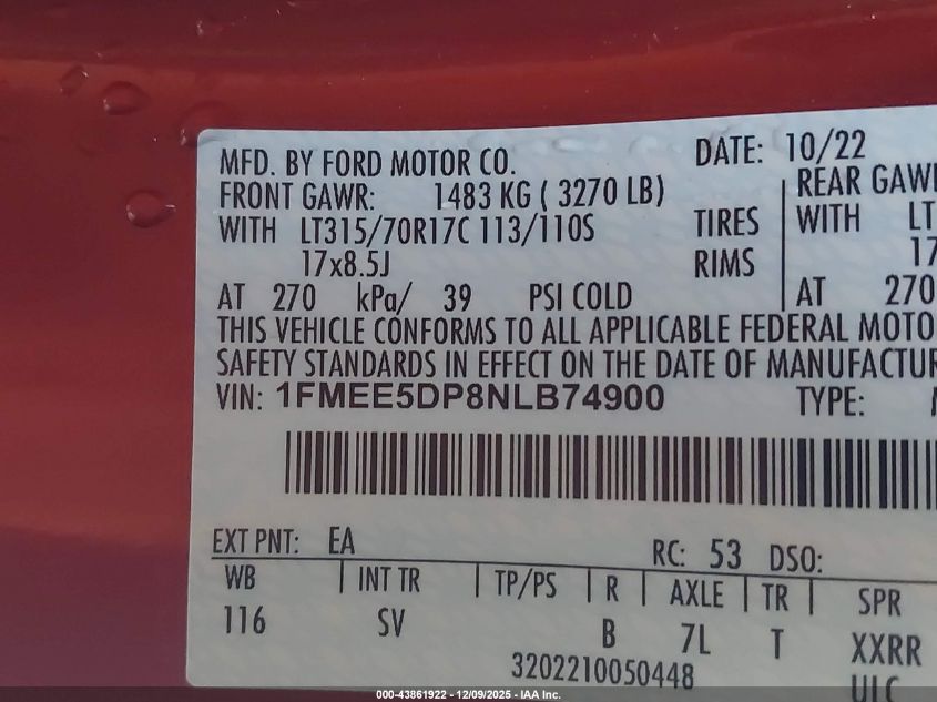 2022 Ford Bronco Black Diamond VIN: 1FMEE5DP8NLB74900 Lot: 43861922