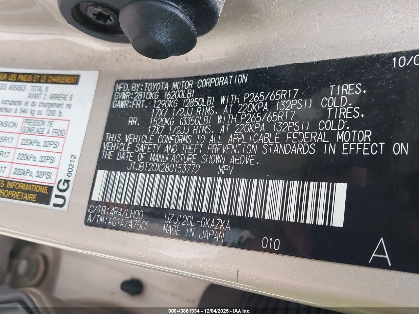 2008 Lexus Gx 470 VIN: JTJBT20X280153772 Lot: 43861934