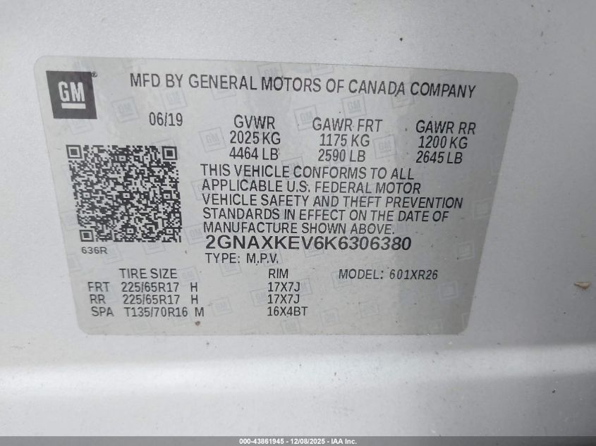 2019 Chevrolet Equinox Lt VIN: 2GNAXKEV6K6306380 Lot: 43861945