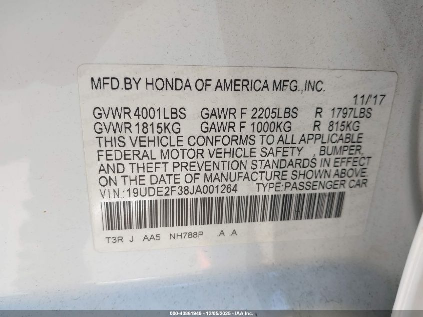 2018 Acura Ilx Acurawatch Plus Package VIN: 19UDE2F38JA001264 Lot: 43861949