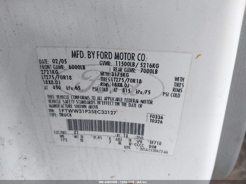 2005 Ford F-350 Lariat/Xl/Xlt VIN: 1FTWW31P35EC33127 Lot: 43861959