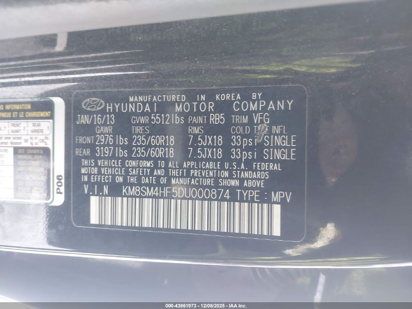 2013 Hyundai Santa Fe Gls VIN: KM8SM4HF5DU000874 Lot: 43861973