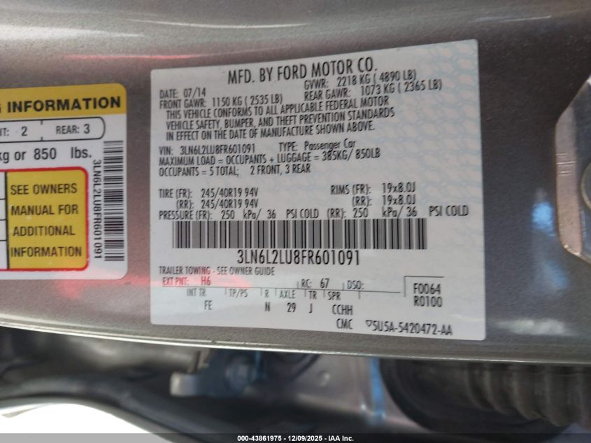 2015 Lincoln Mkz Hybrid VIN: 3LN6L2LU8FR601091 Lot: 43861975