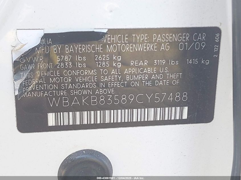 2009 BMW 750Li VIN: WBAKB83589CY57488 Lot: 43861981