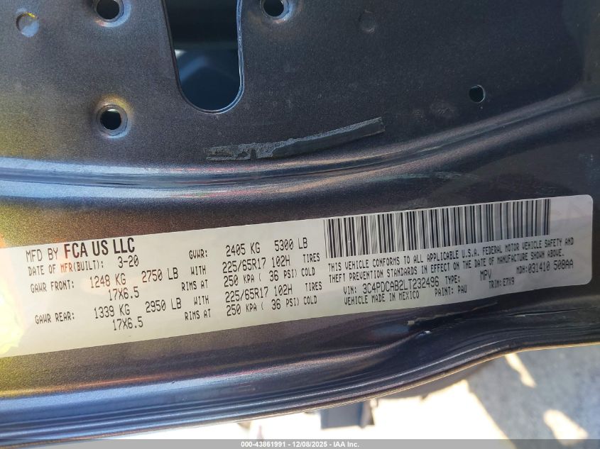 2020 Dodge Journey Se Value VIN: 3C4PDCAB2LT232496 Lot: 43861991