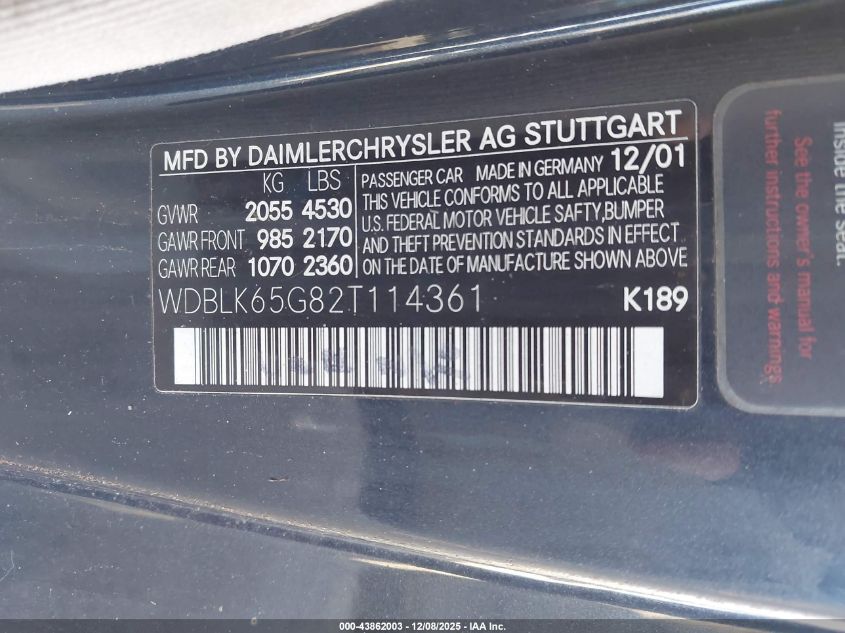 2002 Mercedes-Benz Clk 320 VIN: WDBLK65G82T114361 Lot: 43862003