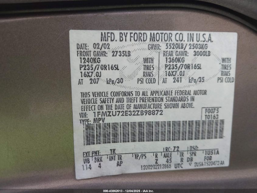 2002 Ford Explorer Xls VIN: 1FMZU72E32ZB98872 Lot: 43862013