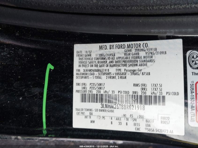 2008 Lincoln Mkz VIN: 3LNHM26T88R621918 Lot: 43862015