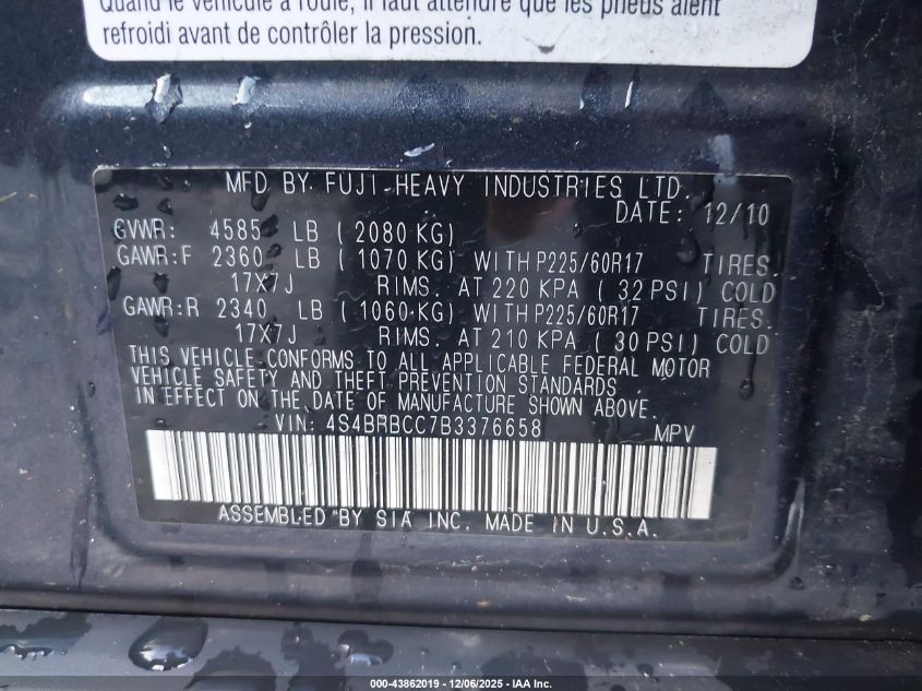 2011 Subaru Outback 2.5I Premium VIN: 4S4BRBCC7B3376658 Lot: 43862019