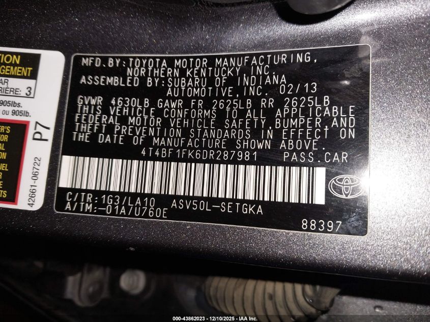 2013 Toyota Camry Xle VIN: 4T4BF1FK6DR287981 Lot: 43862023