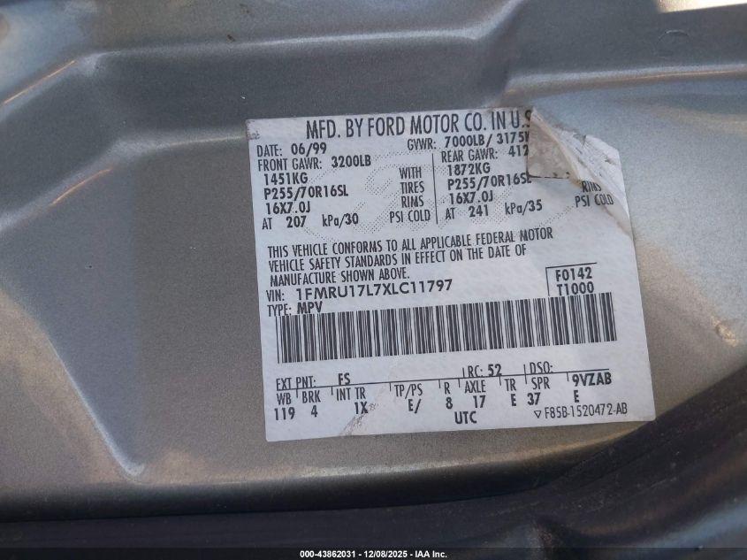 1999 Ford Expedition Eddie Bauer/Xlt VIN: 1FMRU17L7XLC11797 Lot: 43862031