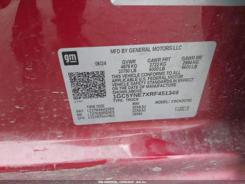 2024 Chevrolet Silverado 2500Hd 4Wd Standard Bed Lt VIN: 1GC5YNE7XRF451349 Lot: 43862036