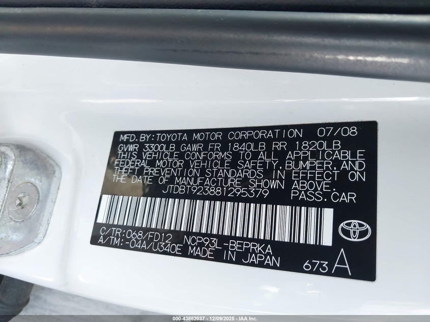 JTDBT923881295379 2008 TOYOTA YARIS photo no. 9